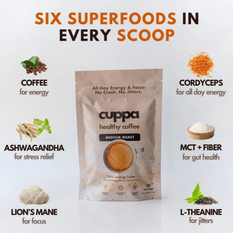 Cuppa Healthy Mushroom Insant Coffee with Lion's Mane & Ashwagandha for All Day Energy & Focus - No Crash or Jitters - Nootropics for Brain Health, Gut Health, Immunity, Stress, Memory + Mood - 60 Servings