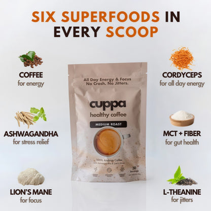 Cuppa Healthy Mushroom Insant Coffee with Lion's Mane & Ashwagandha for All Day Energy & Focus - No Crash or Jitters - Nootropics for Brain Health, Gut Health, Immunity, Stress, Memory + Mood - 60 Servings