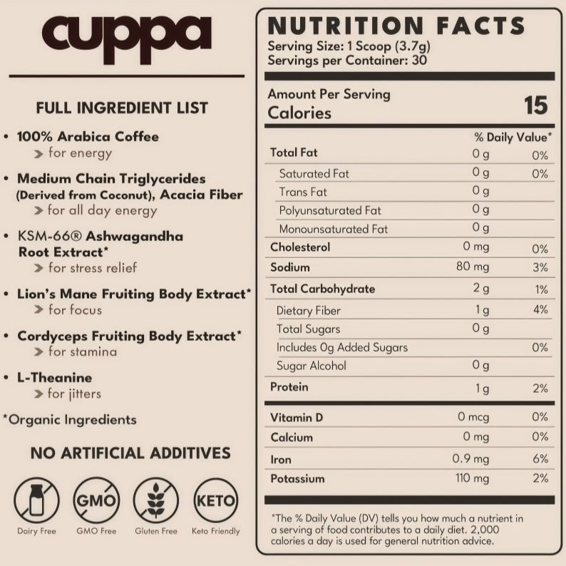 Cuppa Healthy Mushroom Insant Coffee with Lion's Mane & Ashwagandha for All Day Energy & Focus - No Crash or Jitters - Nootropics for Brain Health, Gut Health, Immunity, Stress, Memory + Mood - 60 Servings