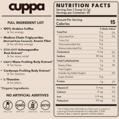 Cuppa Healthy Mushroom Insant Coffee with Lion's Mane & Ashwagandha for All Day Energy & Focus - No Crash or Jitters - Nootropics for Brain Health, Gut Health, Immunity, Stress, Memory + Mood - 60 Servings