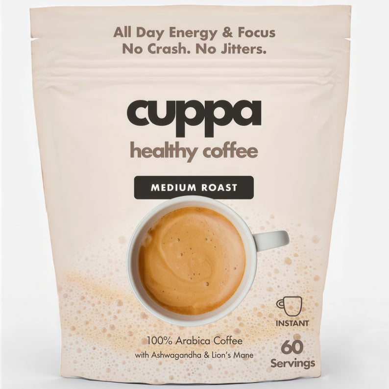Cuppa Healthy Mushroom Insant Coffee with Lion's Mane & Ashwagandha for All Day Energy & Focus - No Crash or Jitters - Nootropics for Brain Health, Gut Health, Immunity, Stress, Memory + Mood - 60 Servings
