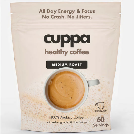 Cuppa Healthy Mushroom Insant Coffee with Lion's Mane & Ashwagandha for All Day Energy & Focus - No Crash or Jitters - Nootropics for Brain Health, Gut Health, Immunity, Stress, Memory + Mood - 60 Servings